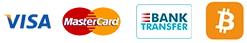 Accepted payment methods: Visa, Mastercard, Bank Transfer and Bitcoin